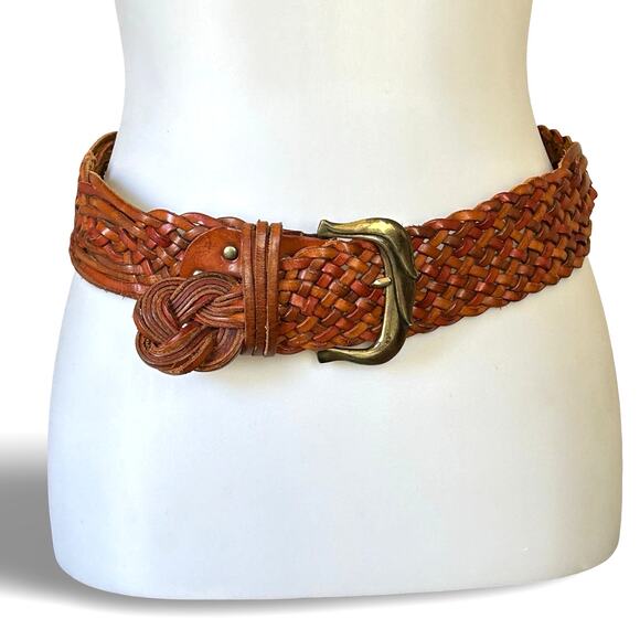 VTG 80s/90s Italian Leather Braided Belt Gold Tone Buckle S main image 4
